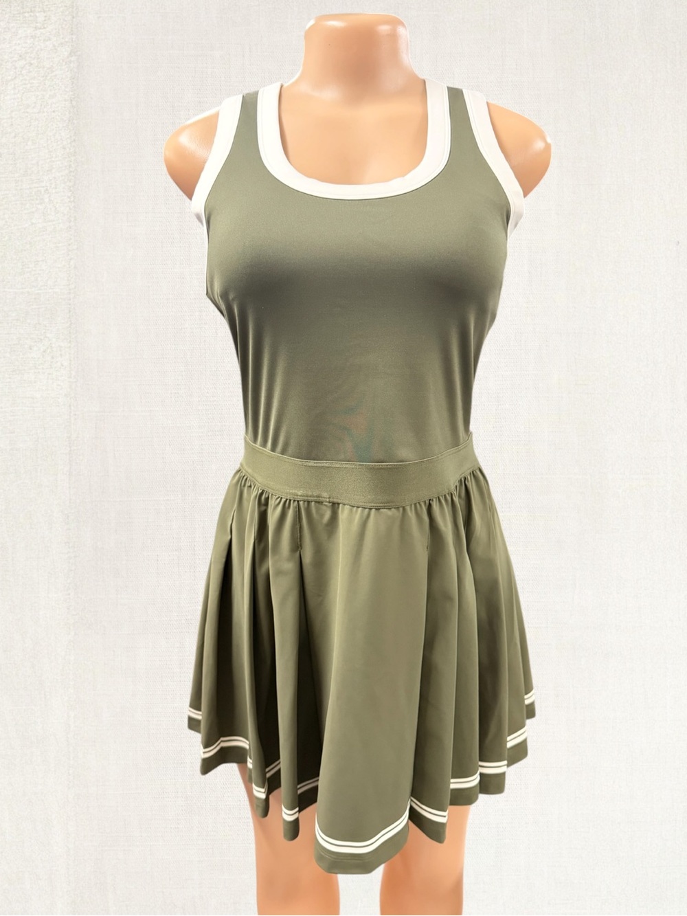 WILSON Olive Green Sleeveless Skater Dress with White Trim